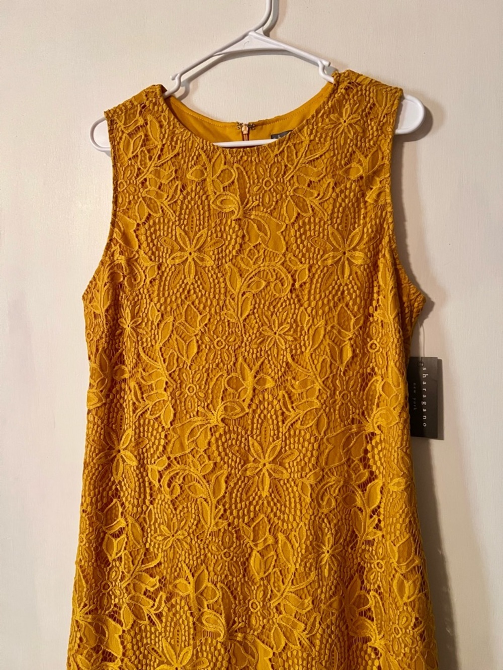 NWT Sharagano Midi Golden Yellow Lace Sheath Dress - Picture 3 of 11